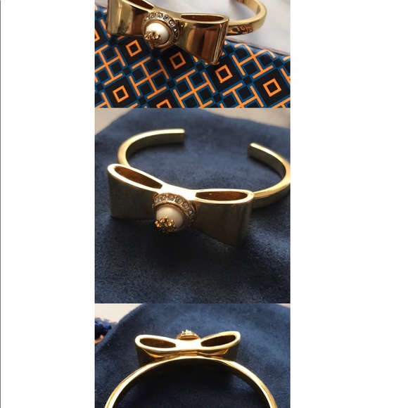 Tory Burch EUC 14KGP Gold Bow Cuff Bracelet w/ TB LOGO, unworn but not new - Picture 3 of 8